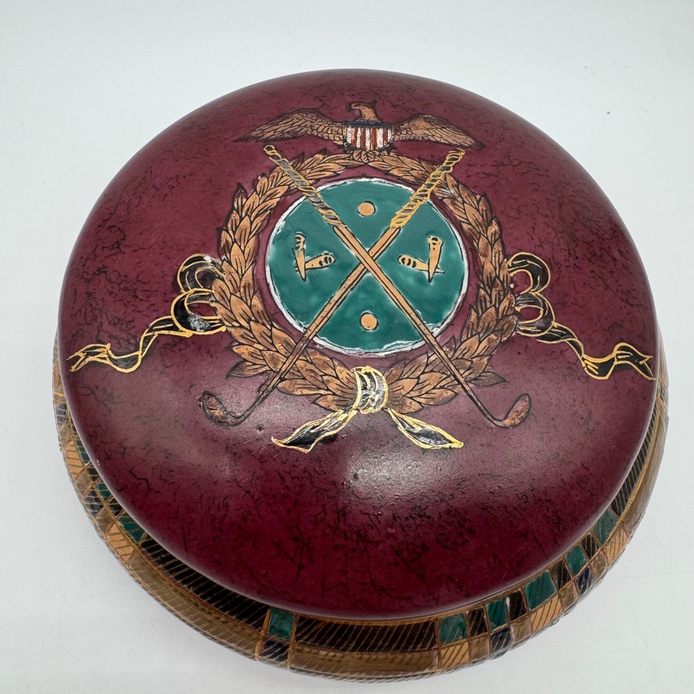 Vtg Golf Crest Porcelain Dresser Box 7" Tartan Plaid Eagle Country Club Decor